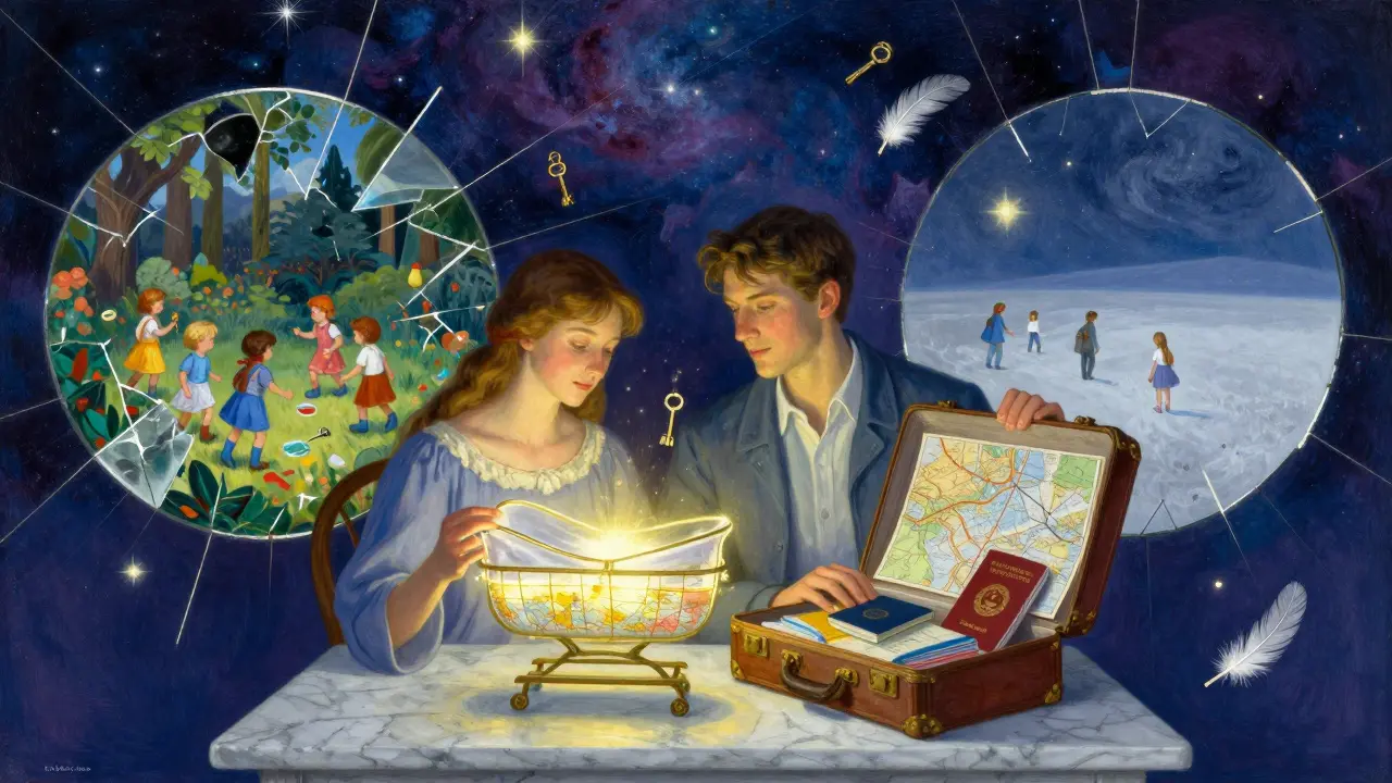 Pár sedí u stolu, jeden drží kojeneckou kolébku, druhý cestovní kufřík — symbolizující nesouhlas o dětech.