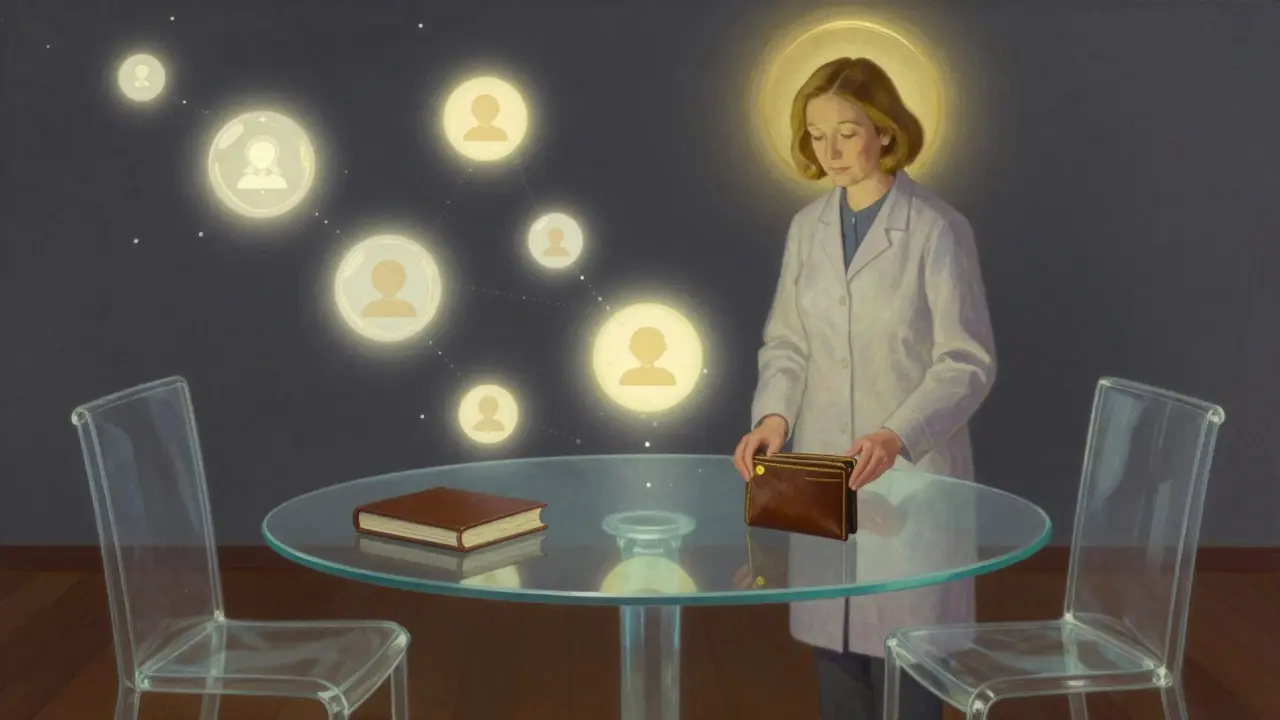 Průhledný stůl dělí dva židle, kolem nich plavou světelné koule reprezentující klíčové oblasti vztahu.