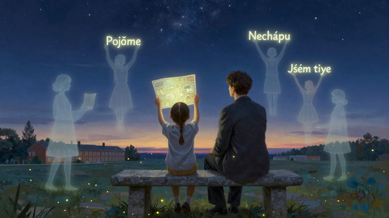 Rodič a dítě sedí pod hvězdami, drží zářící mapu školy, kolem nich plavou duševní stíny podpory.