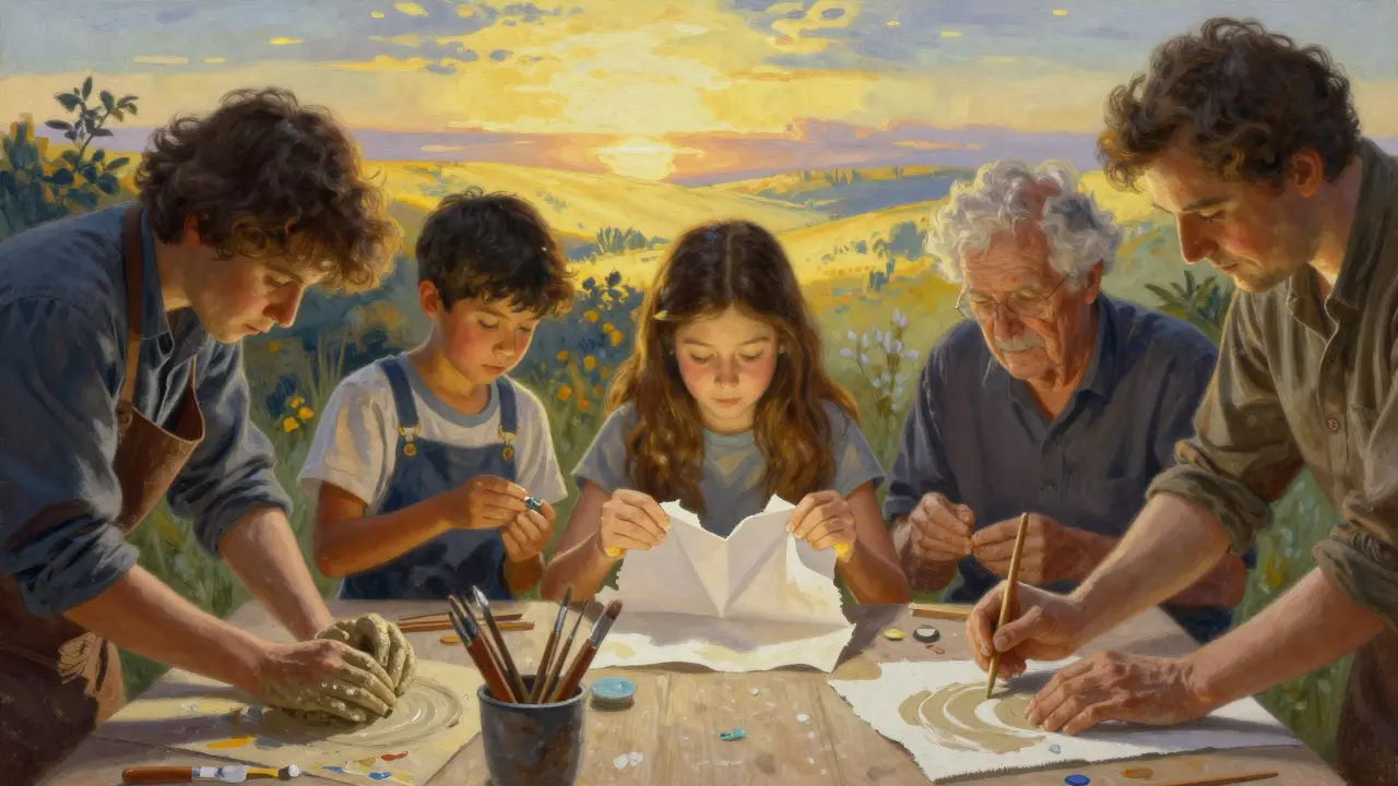 Různí lidé kreslí, modelují a zamyšleně se dívají na své výtvory, kolem nich se objevuje světelná krajin.