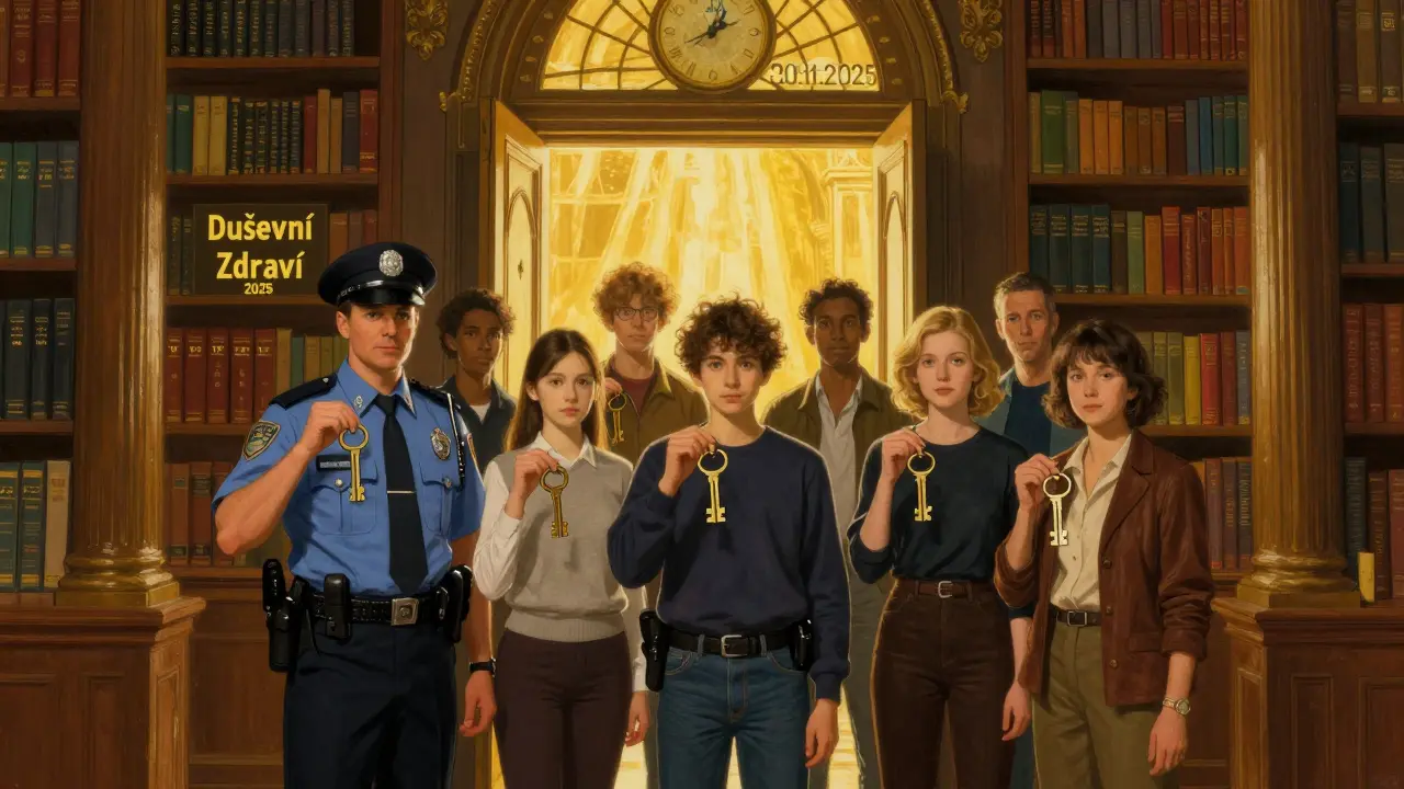 Různí lidé stojí před dveřmi s nápisem Duševní zdraví 2025, každý drží klíč od terapie.