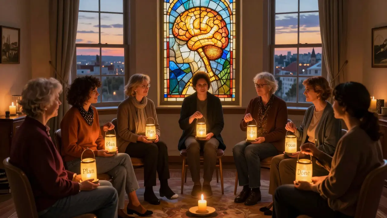 Skupina dospělých v kruhu drží svítilny s klíčovými slovy, za nimi vitráž s osvětleným mozkem, symbolizující podporu a změnu v léčbě ADHD.