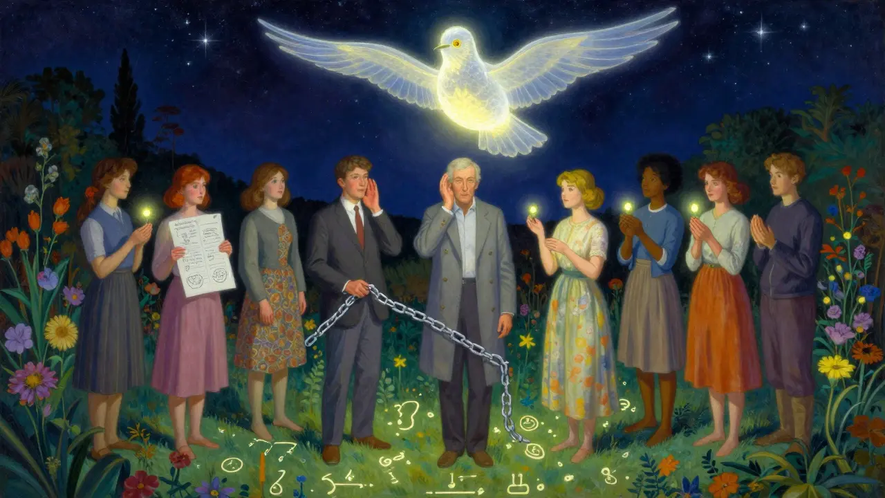 Skupina lidí v zahradě pod hvězdnou oblohou, symbolizující různé terapeutické přístupy.