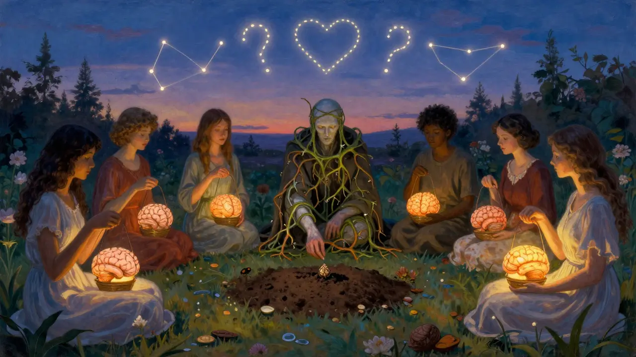 Skupina lidí v zahradě s lampiony ve tvaru mozku, zatímco postava s kapesníkem z lián sází semínko.