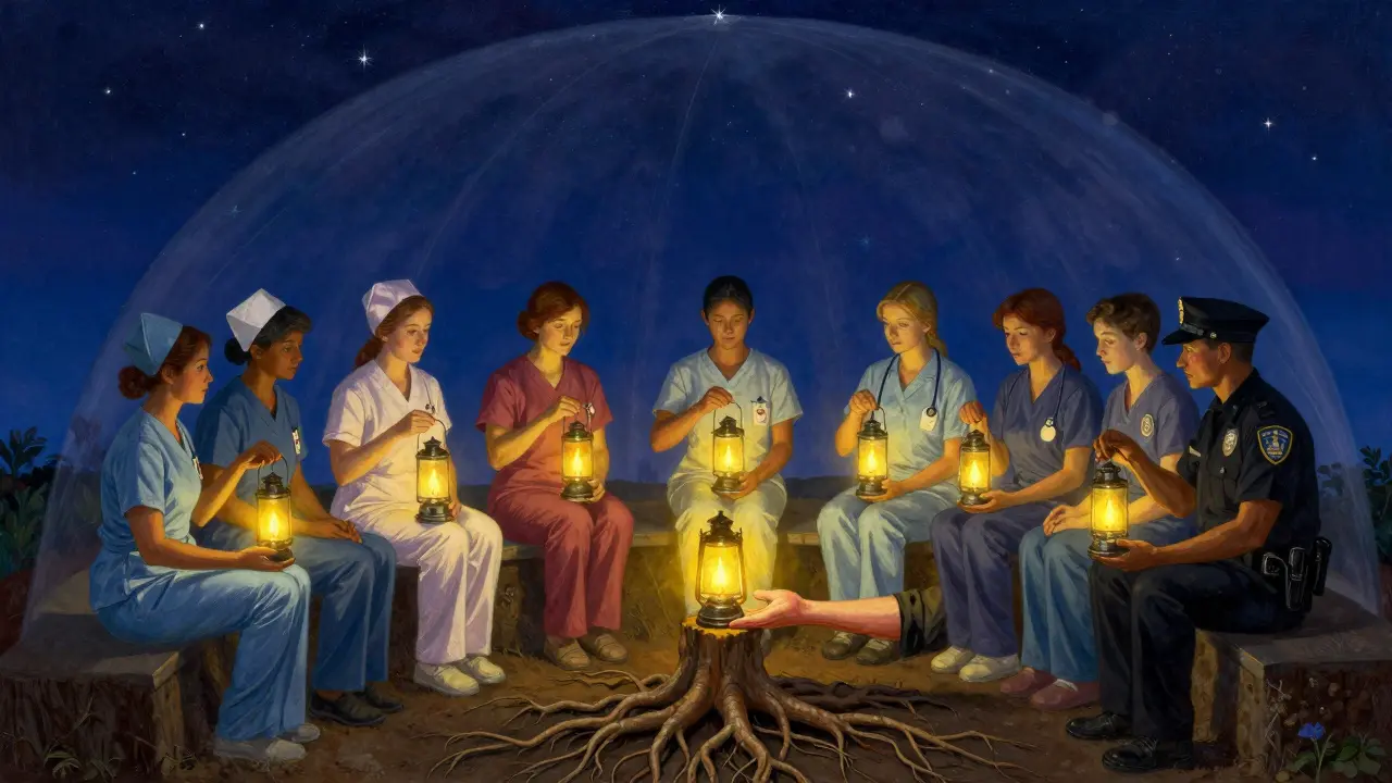 Skupina pomáhajících profesí pod hvězdnou oblohou, držících zhasínající lampiony, zatímco jeden je obnovován kořeny země.