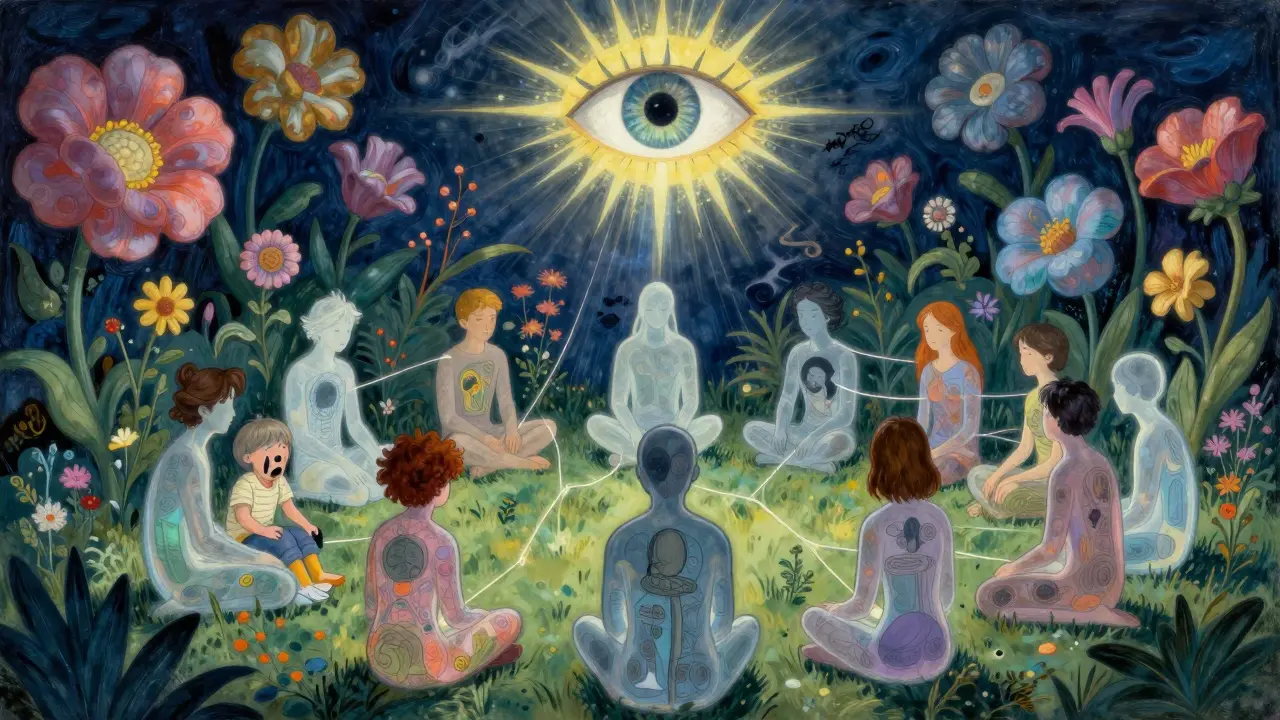 Skupinová terapie v kouzelné zahradě, kde lidé sdílejí své vnitřní stavy přes světelné spojení.