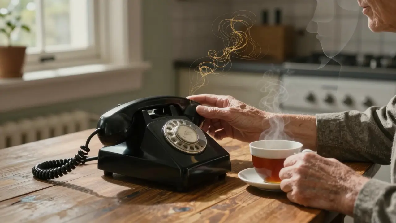 Starší ruka drží starý telefon na kuchyňském stole s šálkem čaje.