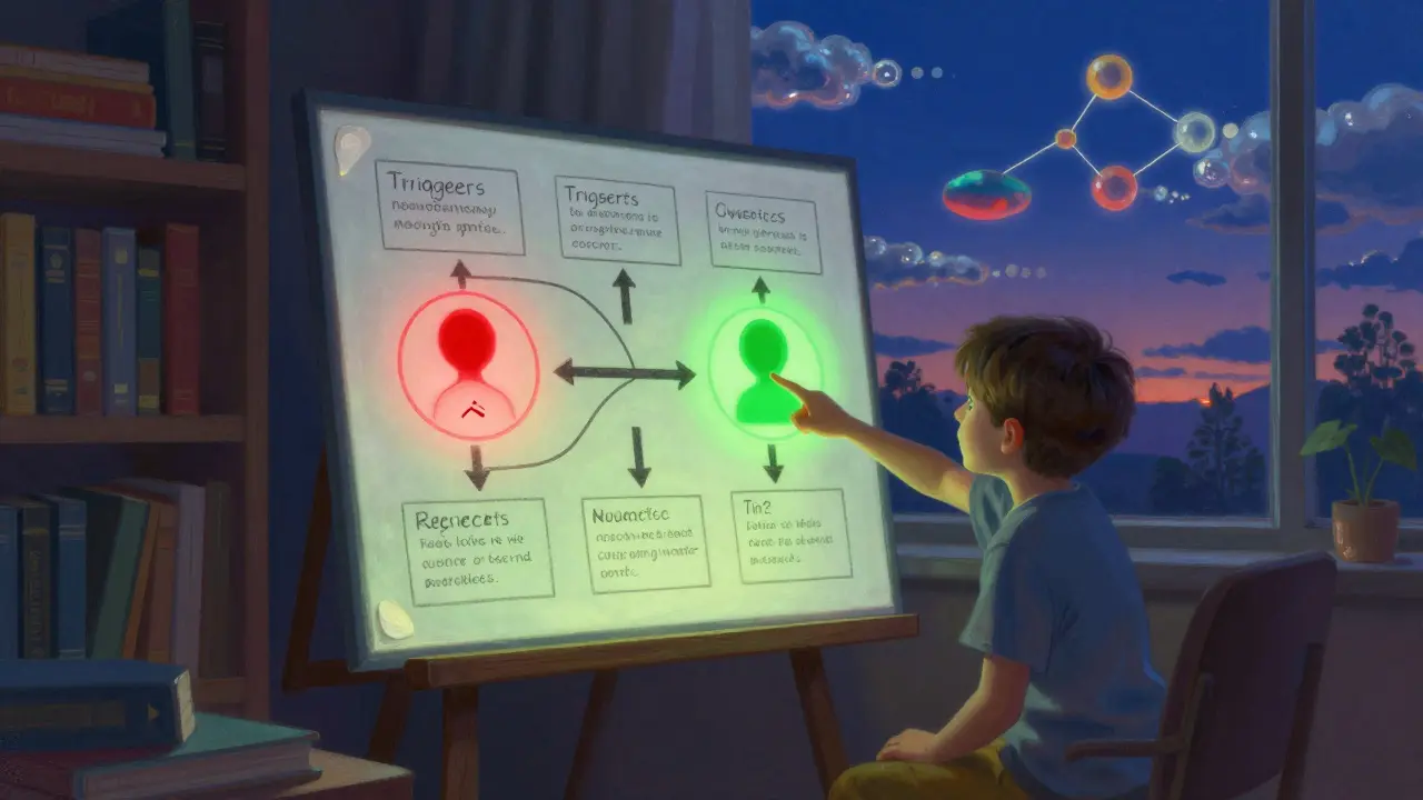 Terapeut a dítě sledují barevnou schéma předtuchy a náhradních pohybů v osvětlené místnosti.