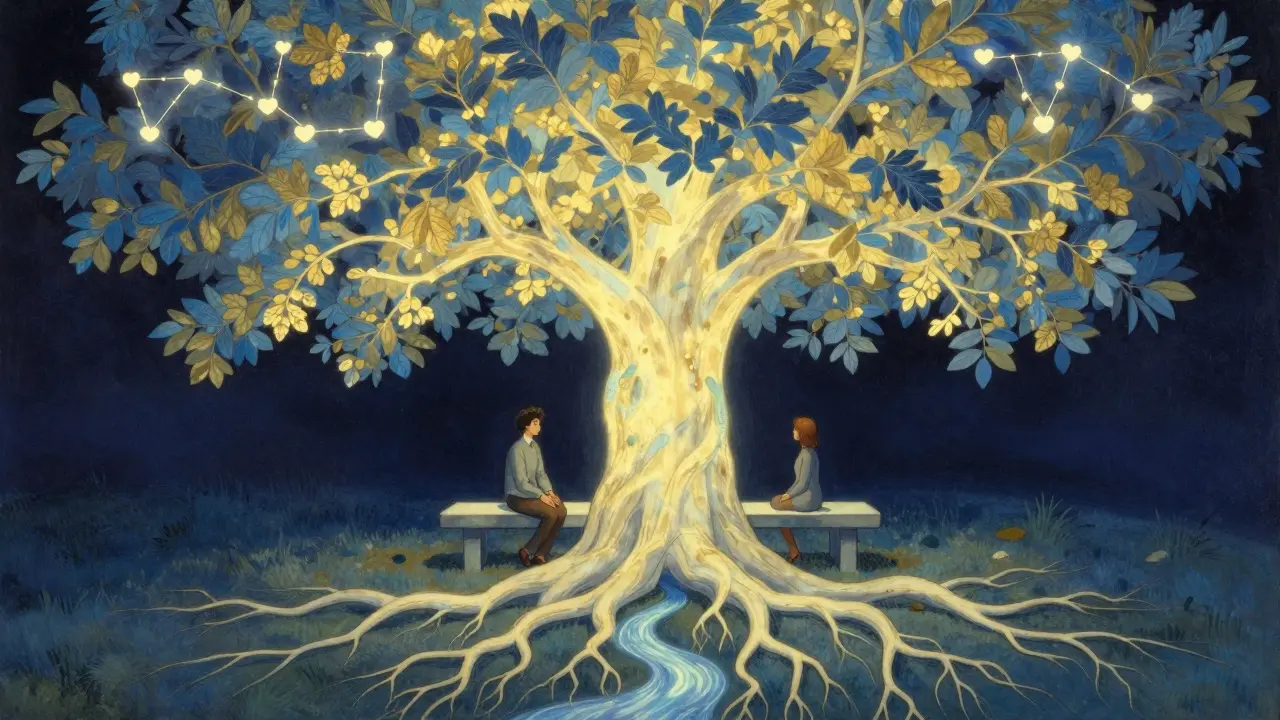 Terapeut a klient sedí pod stromem s listy zlatého světla, kořeny se mění v řeky emocí, nad nimi hvězdy tvoří srdce.