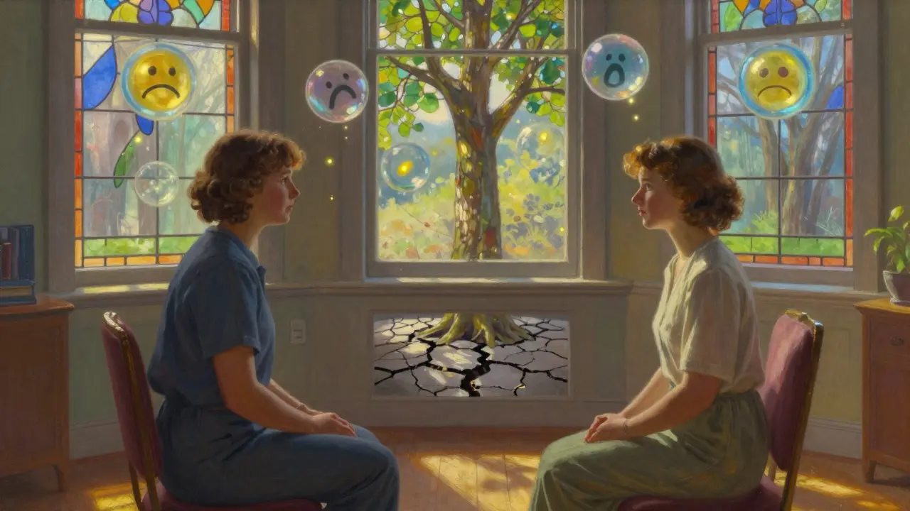 Terapeut a klient sedí spolu v klidné místnosti, kolem nich plavou emoce jako světélka.