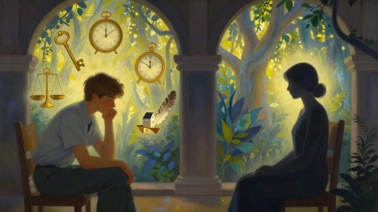 Terapeut a klient symbolizováni v kouzelném scénáři s výdaji a transformací.