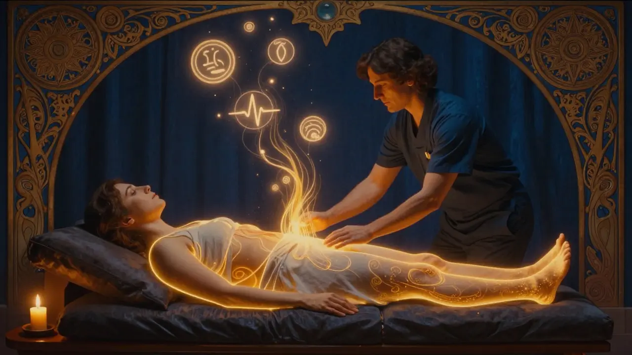 Terapeut a klient v klidné místnosti, kde světlo vyjadřuje uvolňování tělesné energie.