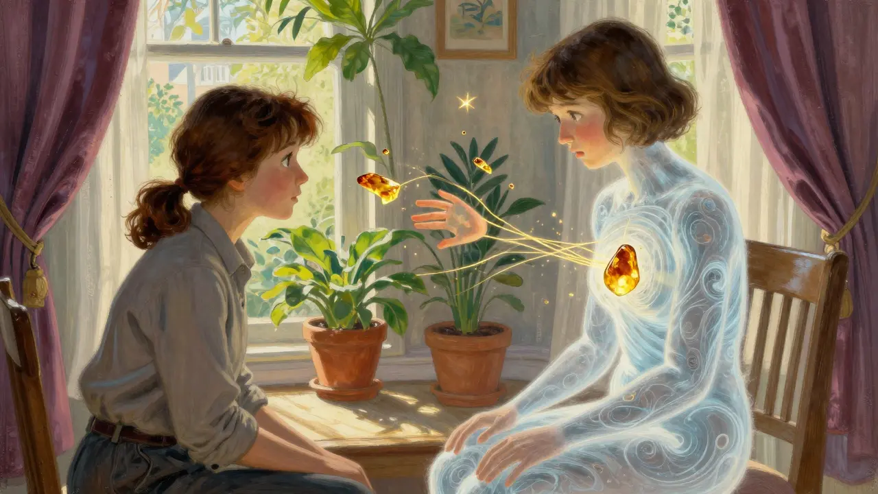 Terapeut a klient v klidné místnosti, kolem nich plavou zasněné vzpomínky jako zlatý prach.