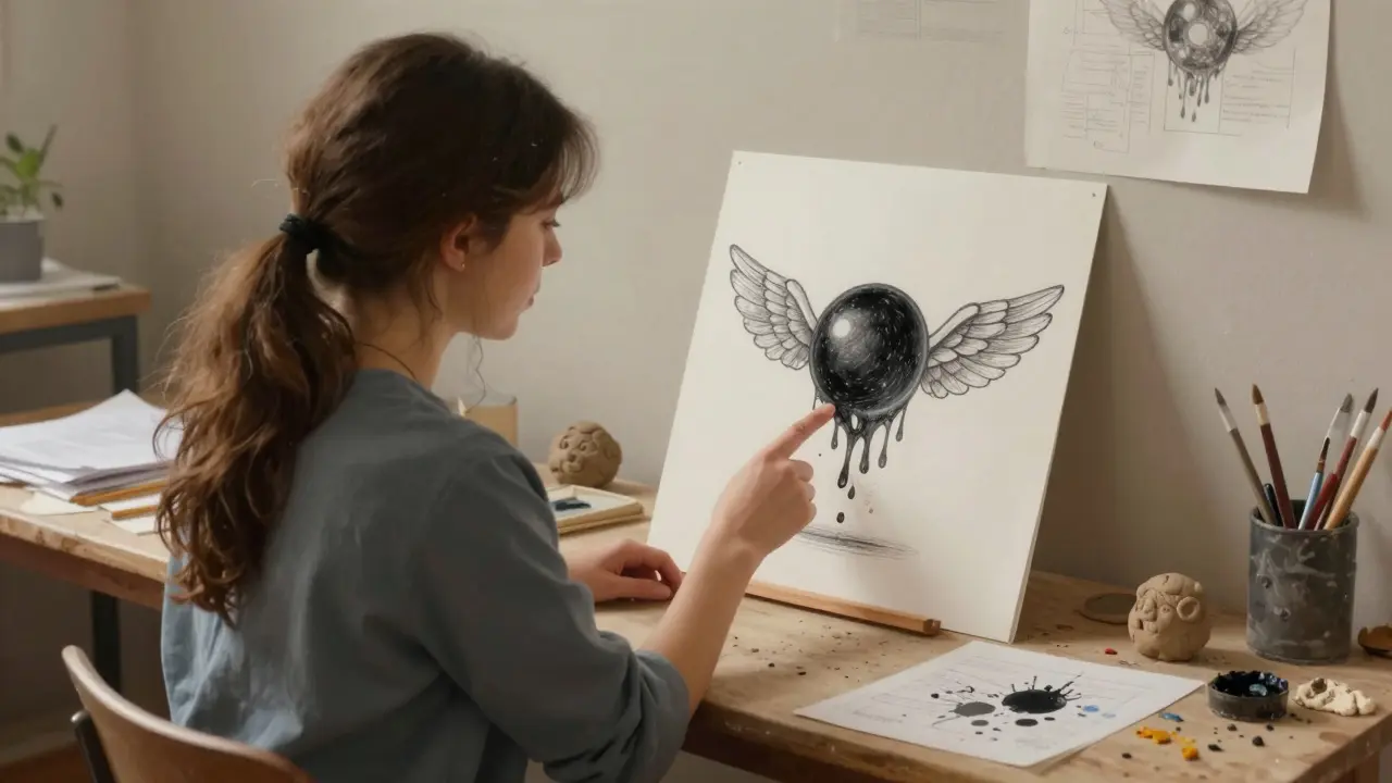 Terapeut a klientka sledují kresbu, ve které se tmavá koule mění v křídla, v klidném ateliéru.