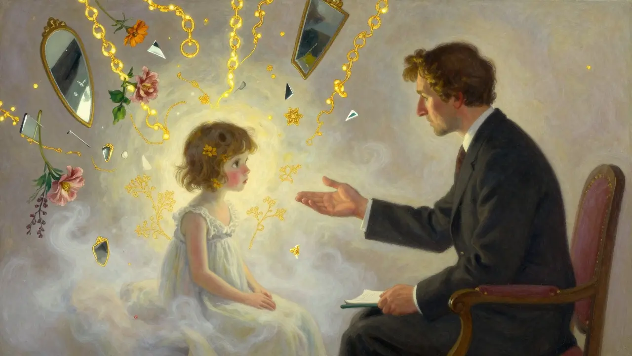 Terapeut a zraněné dítě v duševním prostoru plném symbolických prvků, osvětleného zlatým světlem.