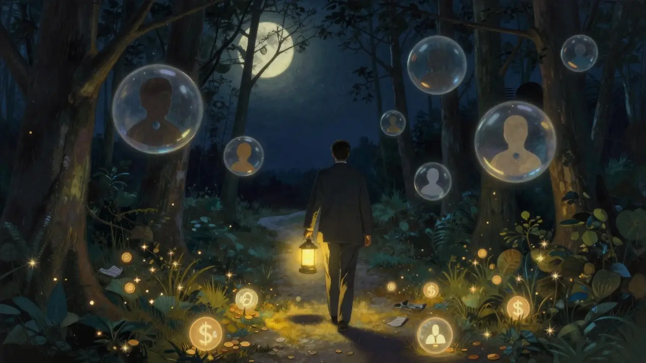 Terapeut jde lesní cestou s lampou, kolem něj se vznášejí emoce a finanční symboly.