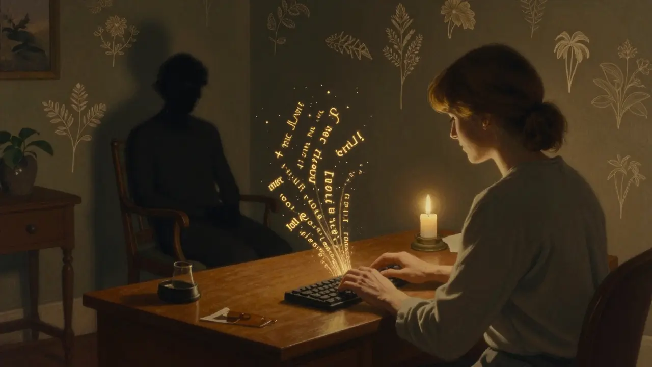 Terapeut píše zprávy, které se mění v jemná světelná slova, která se táhnou k klientovi v tiché místnosti.