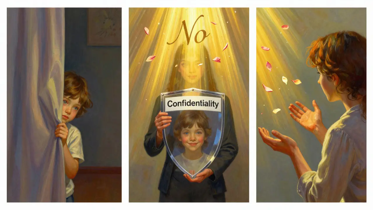 Terapeut stojí mezi dítětem a rodičem, drží průhledný štít s nápisem 'Důvěrnost'.