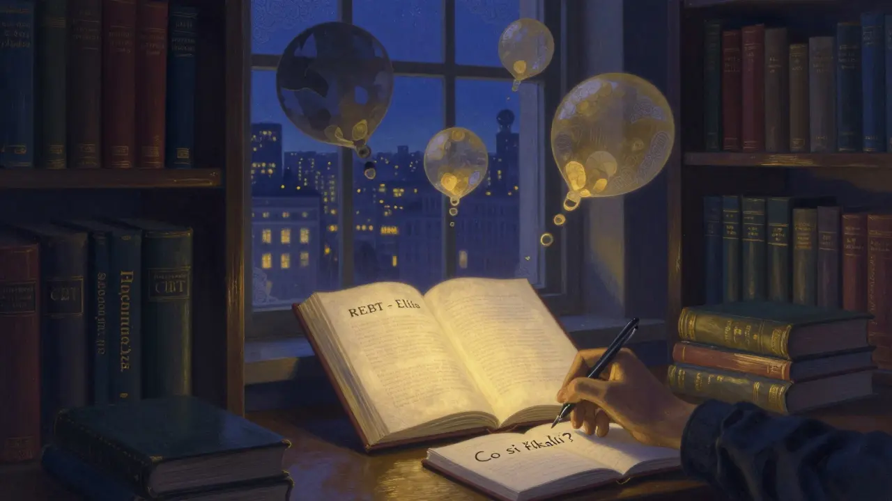 Tichá knihovna s jedním zářivým knihou REBT, kde se myšlenky proměňují z temných v jasné.