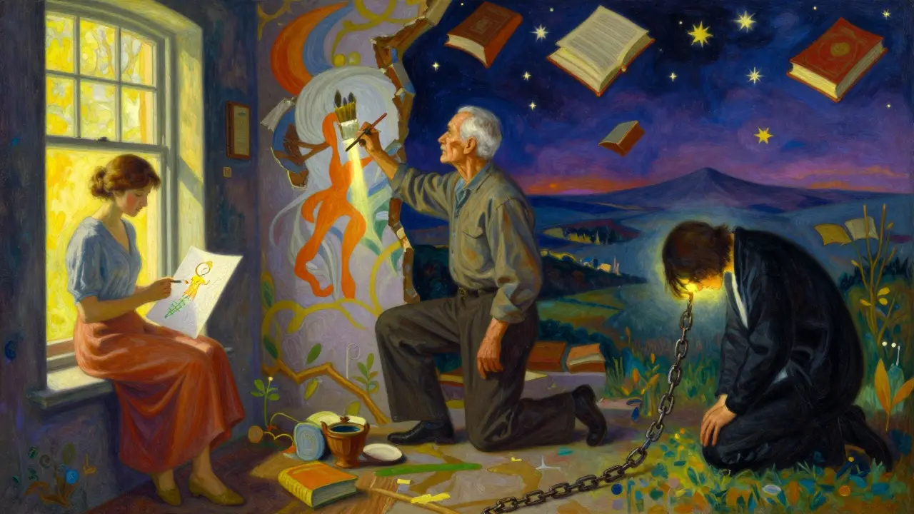 Tři cesty ke smyslu života: láska, tvorba a odhodlání, zobrazené v průzračném, luministickém stylu.