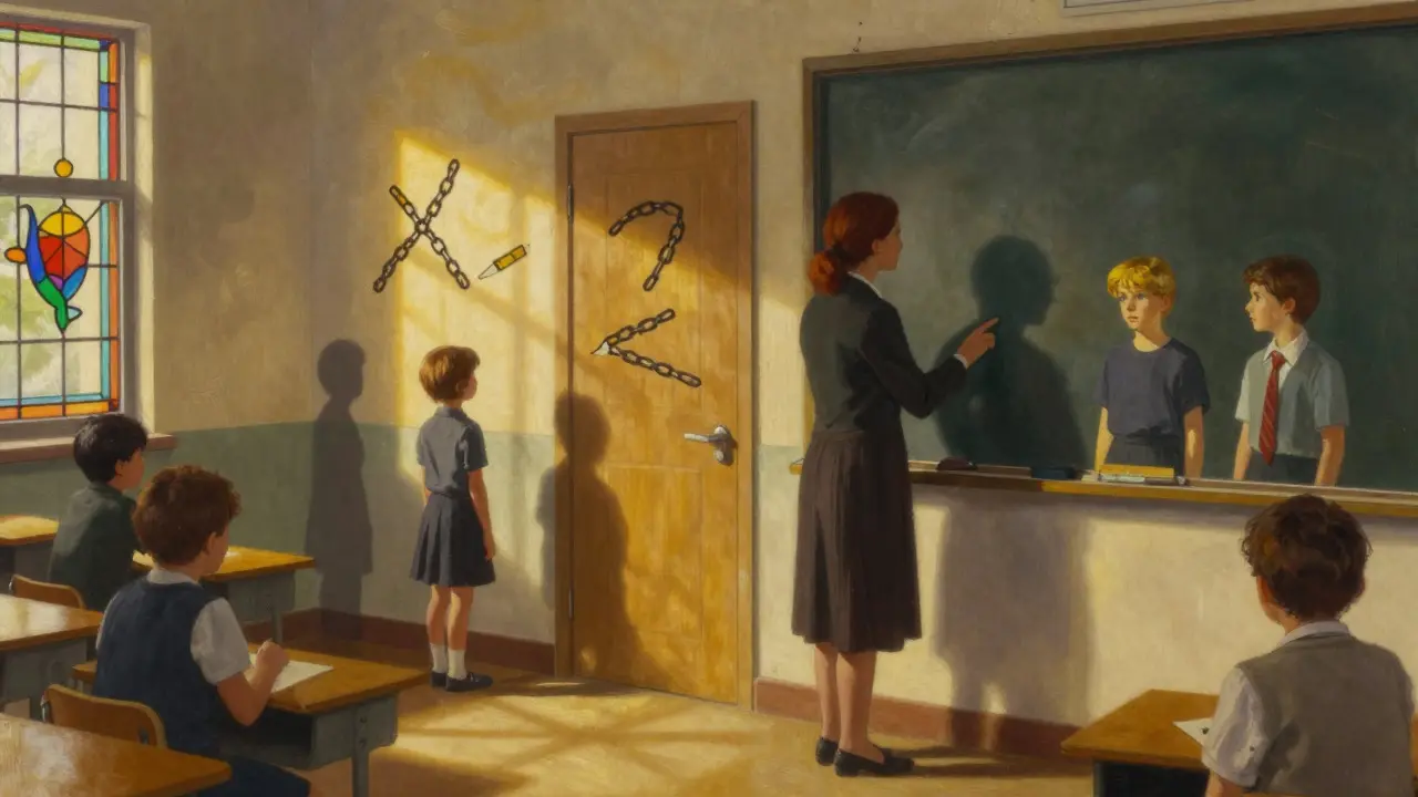 Učitel v třídě, kde stíny dětí se mísí se září okenních vitráží, zatímco jeho odraz ukazuje dřívější verzi sebe.