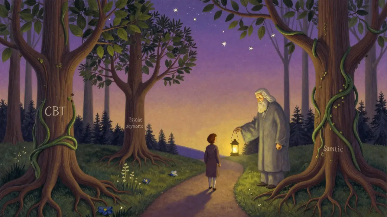 Cesta lesem s symbolickými stromy terapeutických směrů, vedená terapeutem s lucernou.