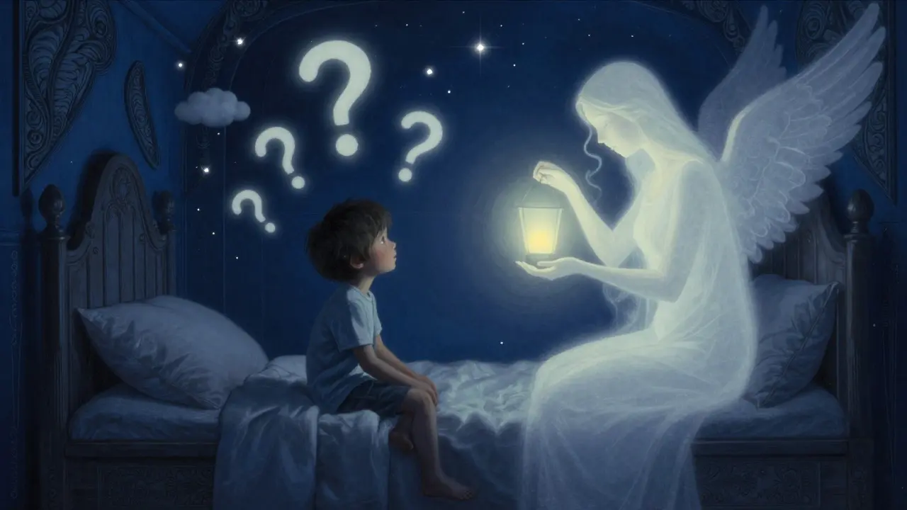 Dítě v posteli je obklopeno svítícími symboly úzkosti, zatímco jemná postava pomáhá s dýcháním.