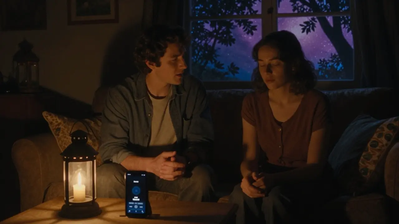 Dva lidé sedí na gauči v teplém světle, jeden poslouchá, druhý mluví, telefon s aplikací Nepanikař leží na stole.