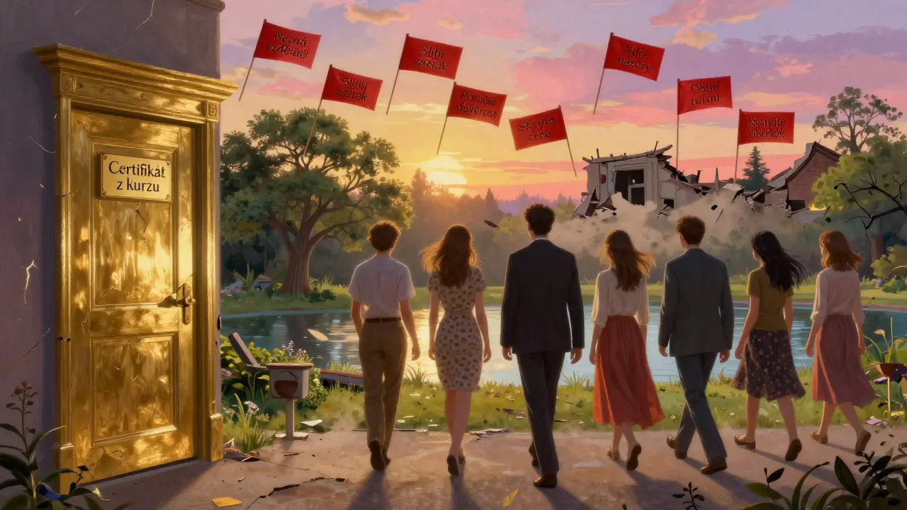 Klienti odcházejí od zřícené kanceláře terapeuta, kde se vznášejí osm červených vlajek s varováními.