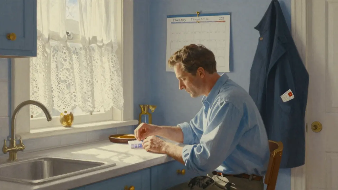 Muž bere buprenorfin doma, slunce osvětluje kuchyň a symboly běžného života.