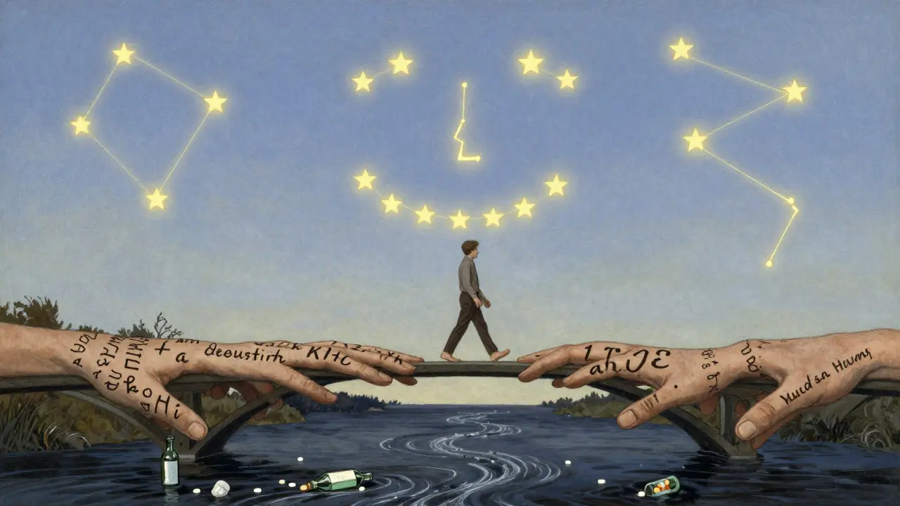 Muž kráčí po mostě z rukou a slov, pod ním temný tok závislosti, nad ním hvězdy tvořící smajlíka.