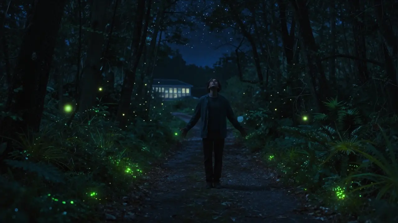 Osoba stojí v lesním lese pod hvězdnou oblohou, kolem ní plují jemná světla, na dálku je vidět budova kliniky.