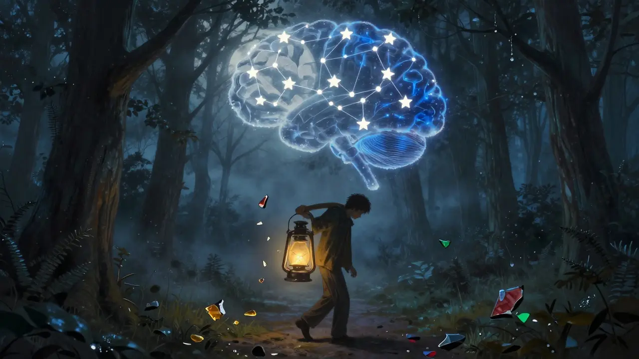 Postava jde lesní cestou s rozbitou lampou, kterou osvětluje hvězdná konstelace tvaru mozku.