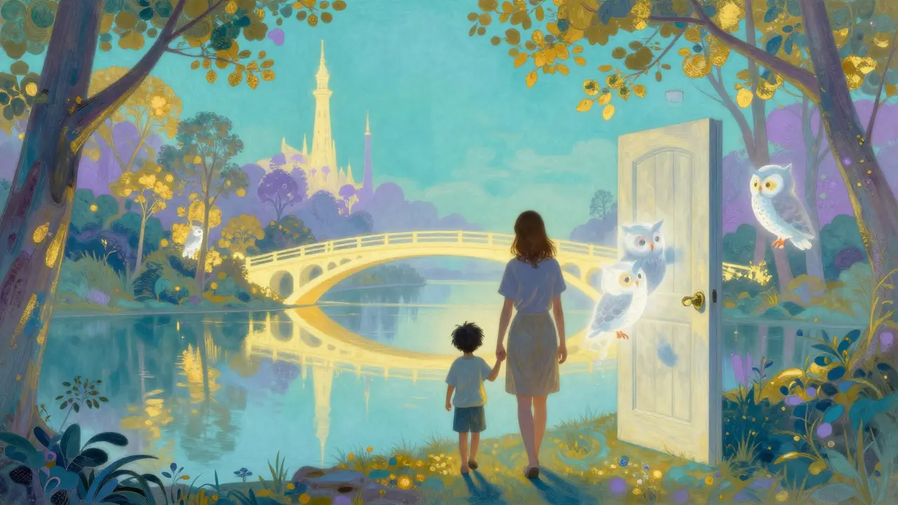 Rodič a dítě kráčejí po mostě, kde se strachy mění ve světlo, obklopeny kouzelnou krajinou.