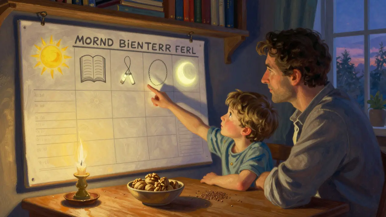 Rodič a dítě spolu u stolu sledují barevný plánovač s ikonami, na stole jsou ořechy a lněná semínka.