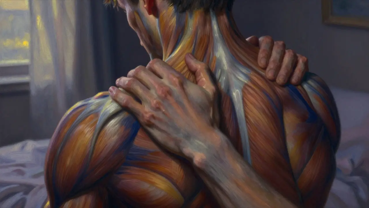 Ruce uvolňují napětí v ramenou, svaly se mění z tmavé modři do teplého zlata.