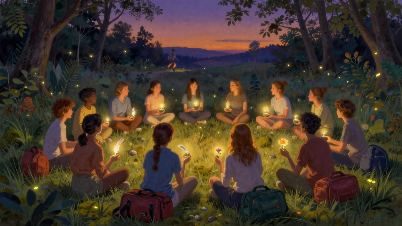 Skupina lidí v klidné krajině drží symboly míru, místo gymských tašek, při západu slunce.