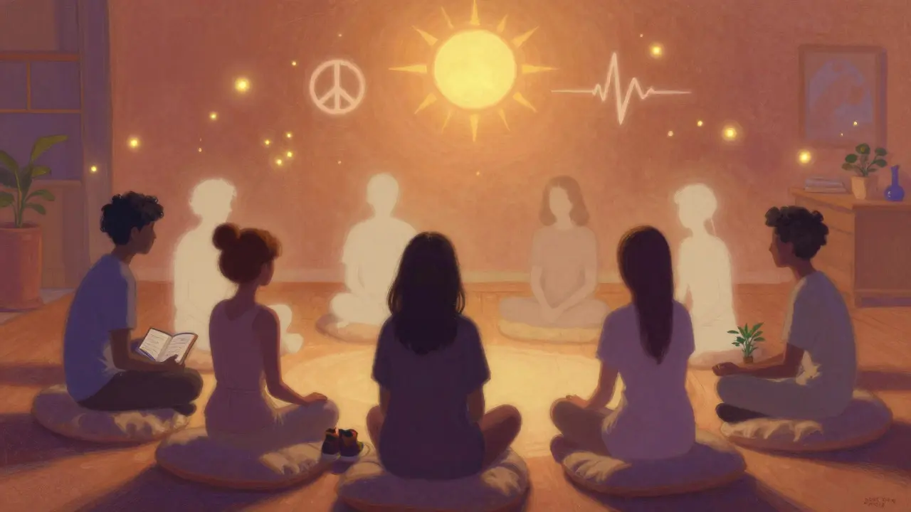 Skupina lidí v klidné místnosti, kde každý drží něco, co je uklidňuje — deník, boty, rostlinu.