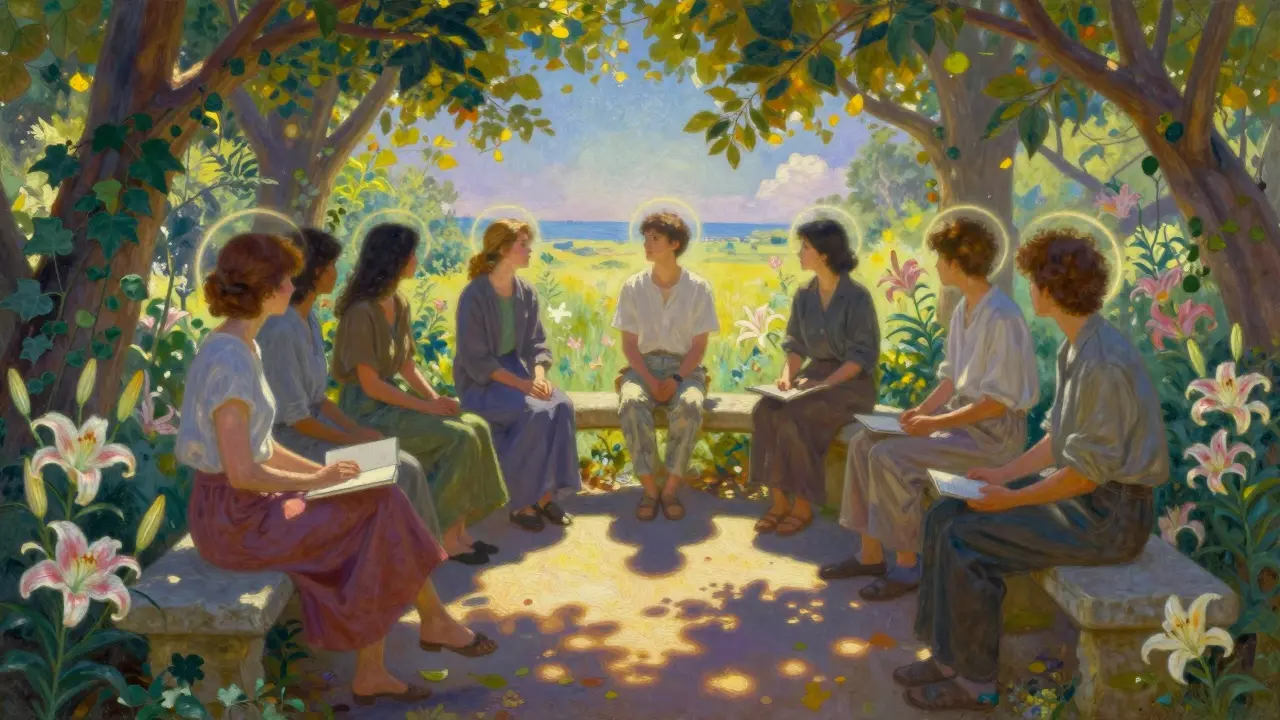 Skupina lidí v zahradě během terapie, světlo a příroda symbolizují naději a uzdravení.