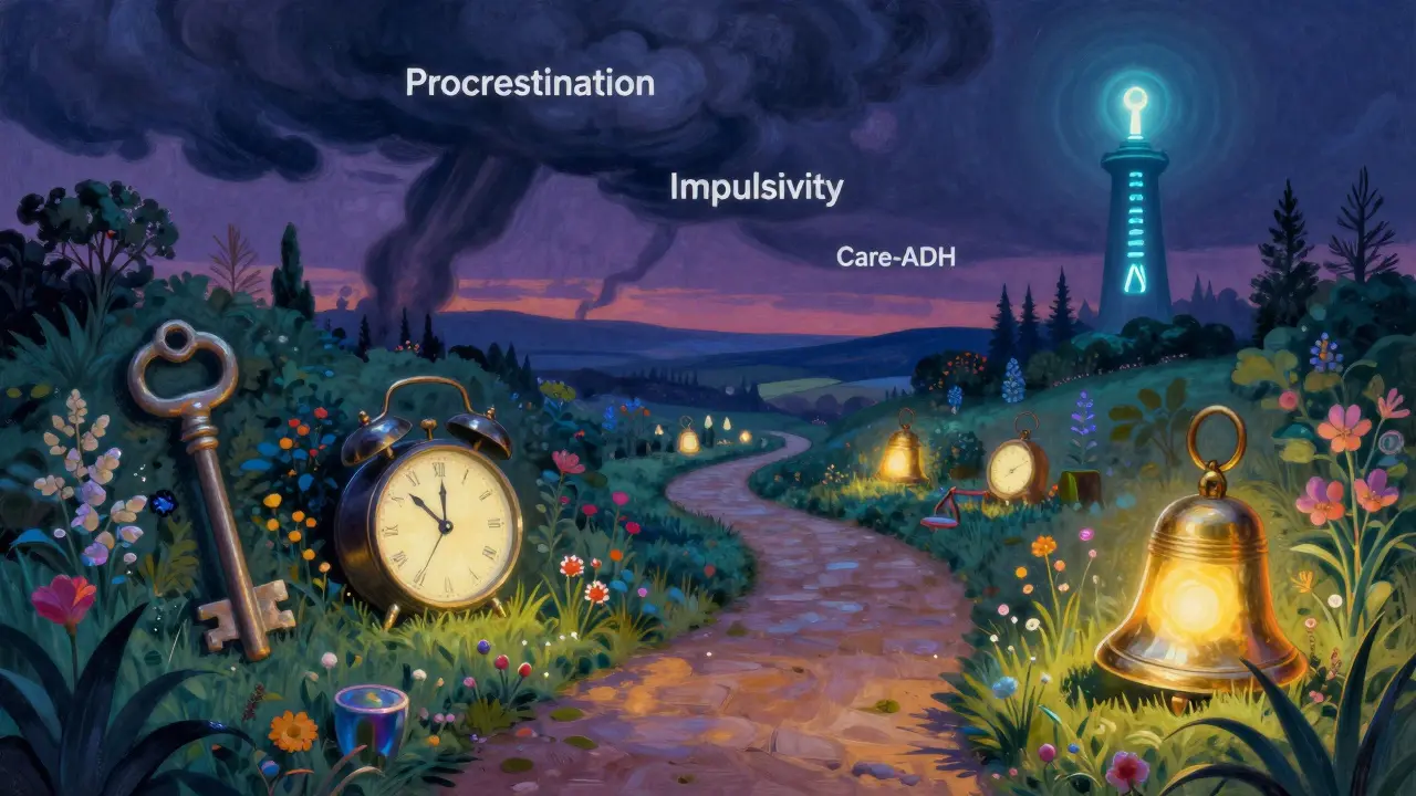 Symbolická krajina mozku: cesta skrz zahradu s osvětlenými nástroji, temné mraky ustupují, v dálce svítí věž s umělou inteligencí.