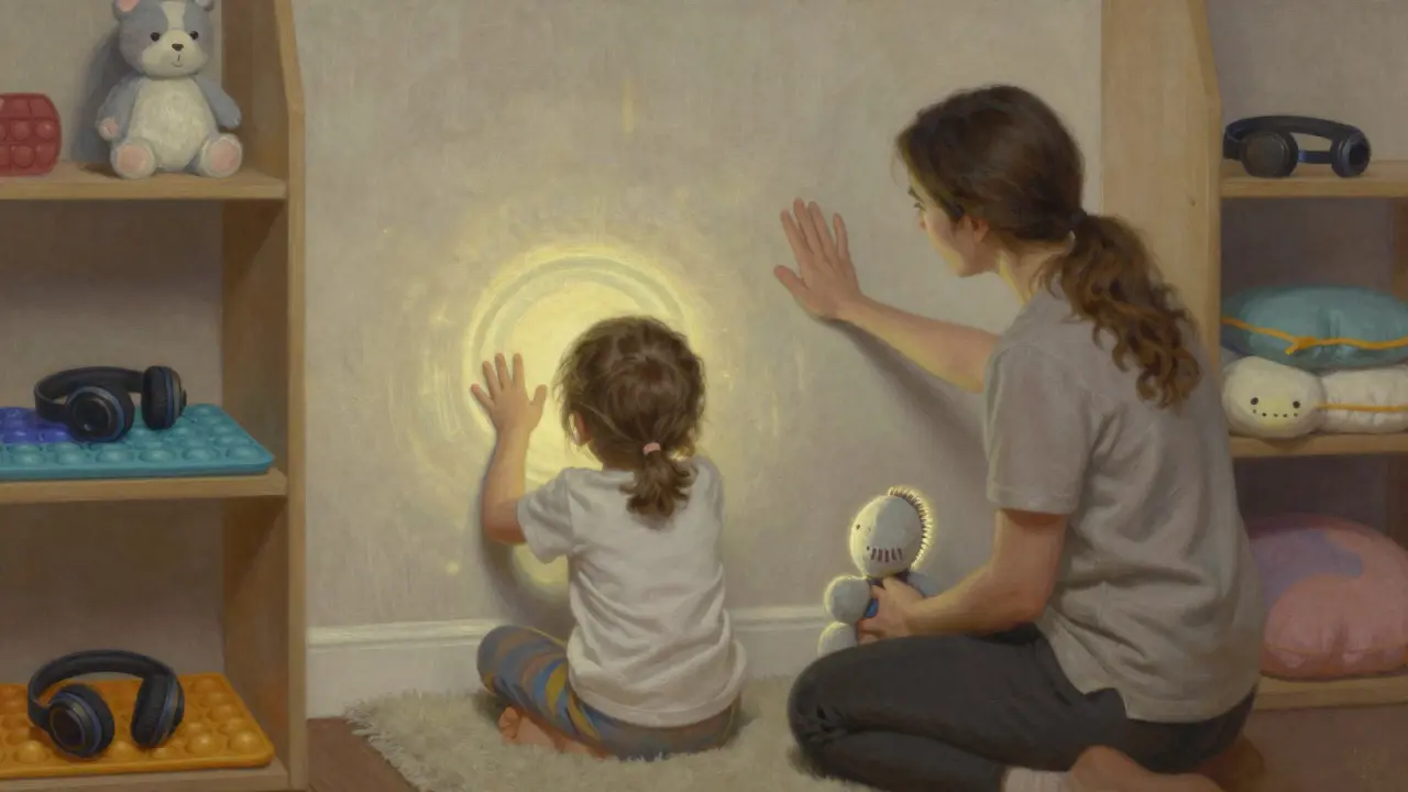 Terapeut a dítě spolu v klidném senzorickém prostoru, dítě tlačí ruce o textilní stěnu.