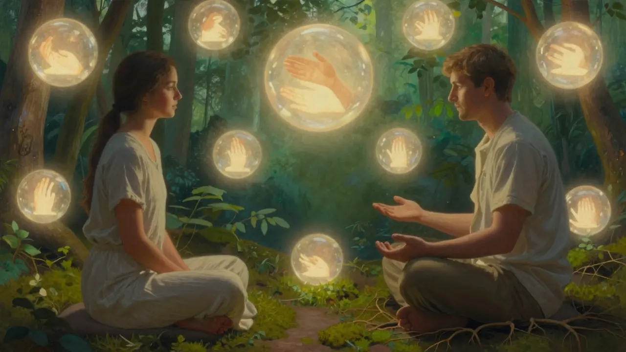Terapeut a klient sedí v osvětlené místnosti, kolem nich plavou světelné koule s jemnými vzpomínkami.