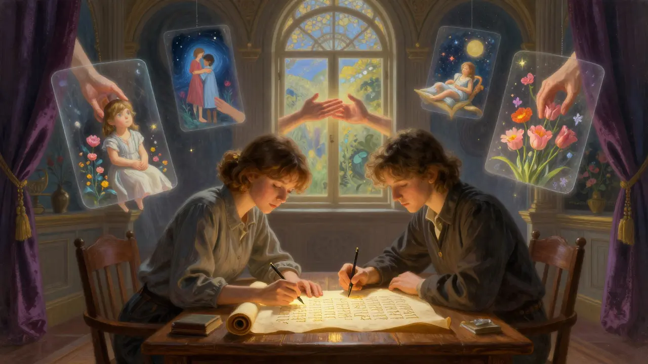 Terapeut a klient společně píší formulaci problému na zářícím svitku, kolem nich plavou emoce a symboly změny.