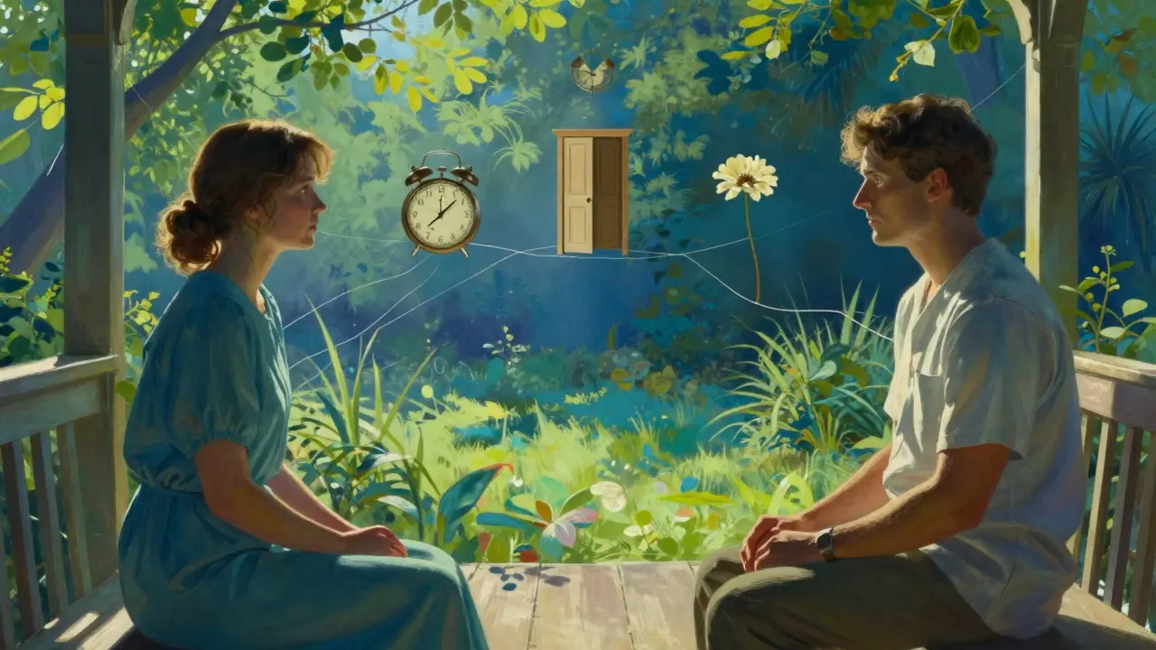 Terapeut a pacient sedí na verandě, spojeni jasným světelným vláknem, které symbolizuje vztahy.