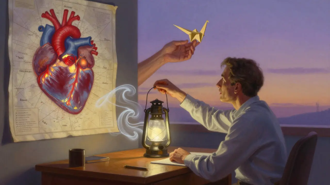 Terapeut s lampionem smíchu, osvětlující mapu srdce a papírového žába, který se mění v ptáka.