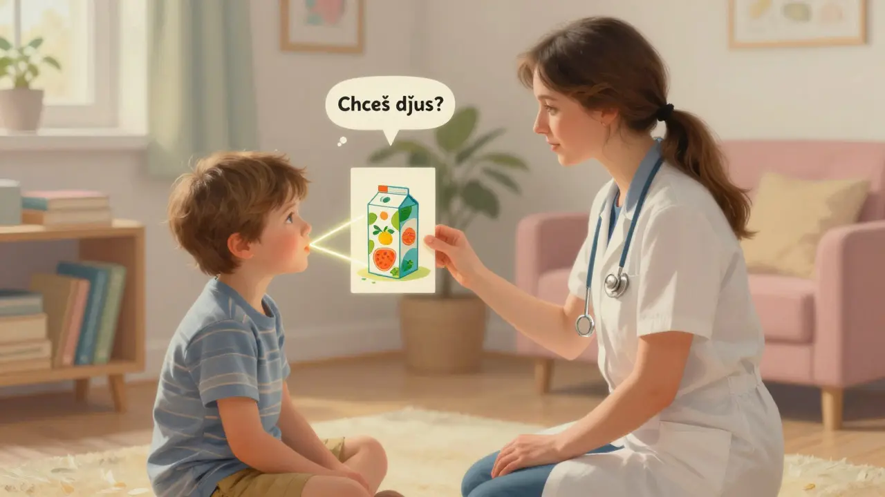 Terapeut ukazuje dítěti obrázek džusu, zatímco dítě opakuje větu, světlo spojuje slovo s obrázkem.