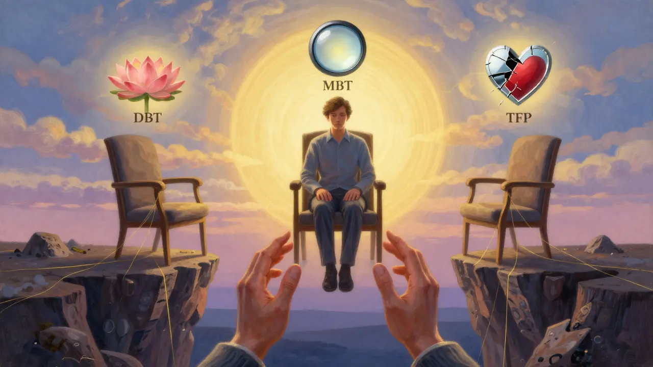 Terapeut vedle tří symbolických židlí, vedení klienta skrze krajinku, kde emoce přeměňují v zlaté nitě.