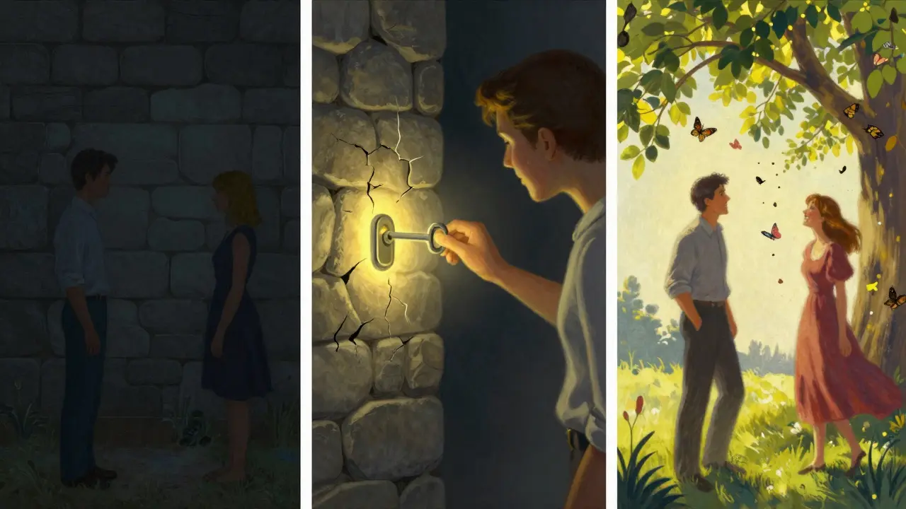 Tři fáze vztahové terapie: stěna, klíč a společný smích pod světelným stromem.