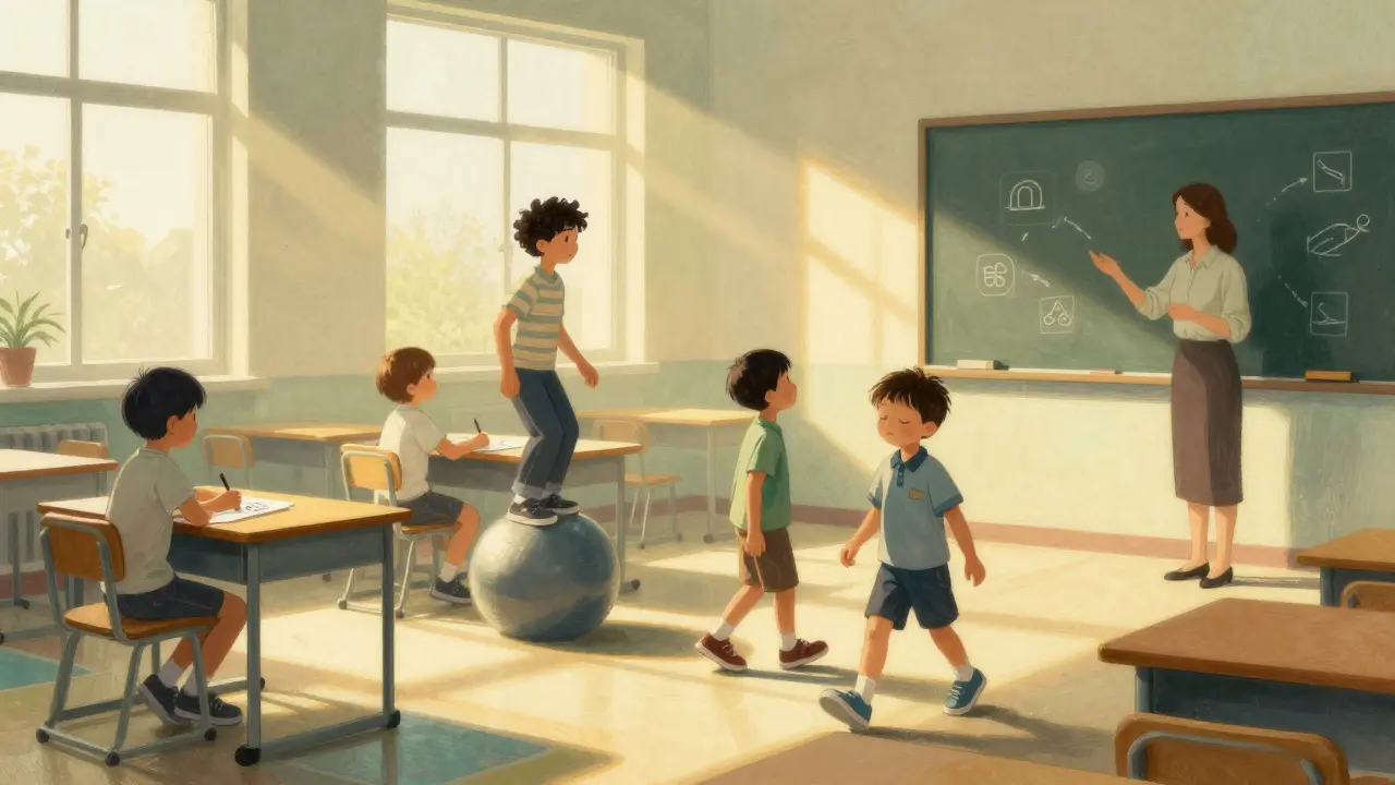 Třída s dětmi různě aktivními – stojící, sedící na míči, dýchající – v klidném, osvětleném prostředí s magnetickou tabulí.