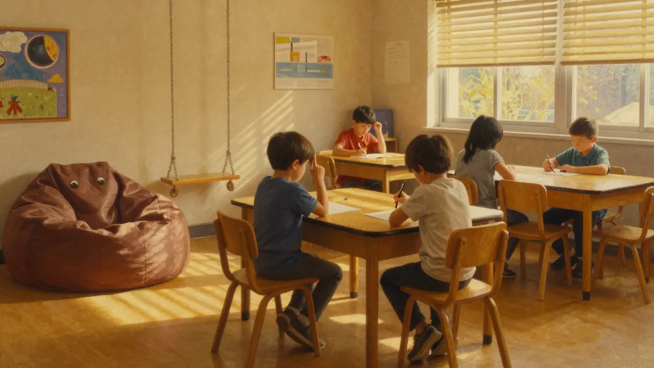 Třída s podporou senzorických potřeb: dítě tlapá na stůl, v pozadí jsou pomůcky pro klid.